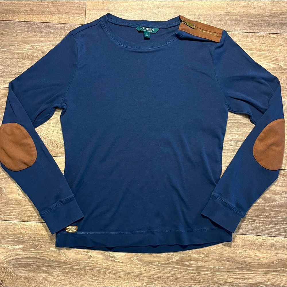 Lauren Ralph Lauren Shirt Women Large Blue Elbow Patch Shoulder Patch